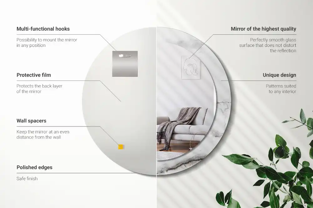 Okrúhle zrkadlo rám s potlačou Biely mramor