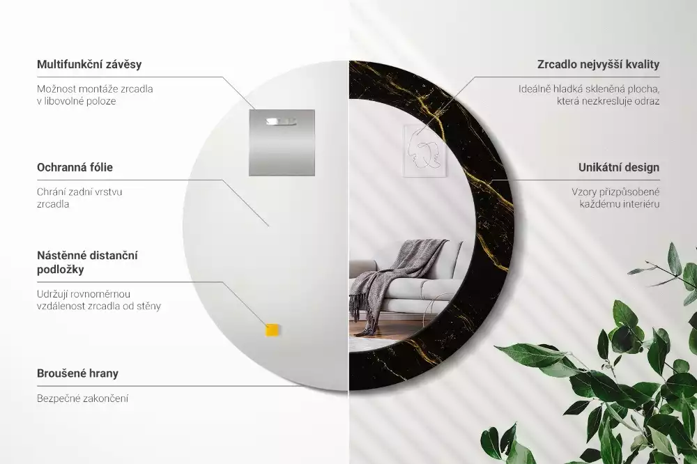 Okrúhle zrkadlo rám s potlačou Čierny mramor