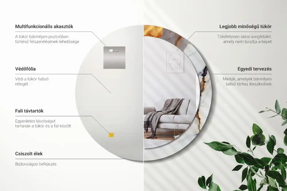 Okrúhle zrkadlo rám s potlačou Biely mramor