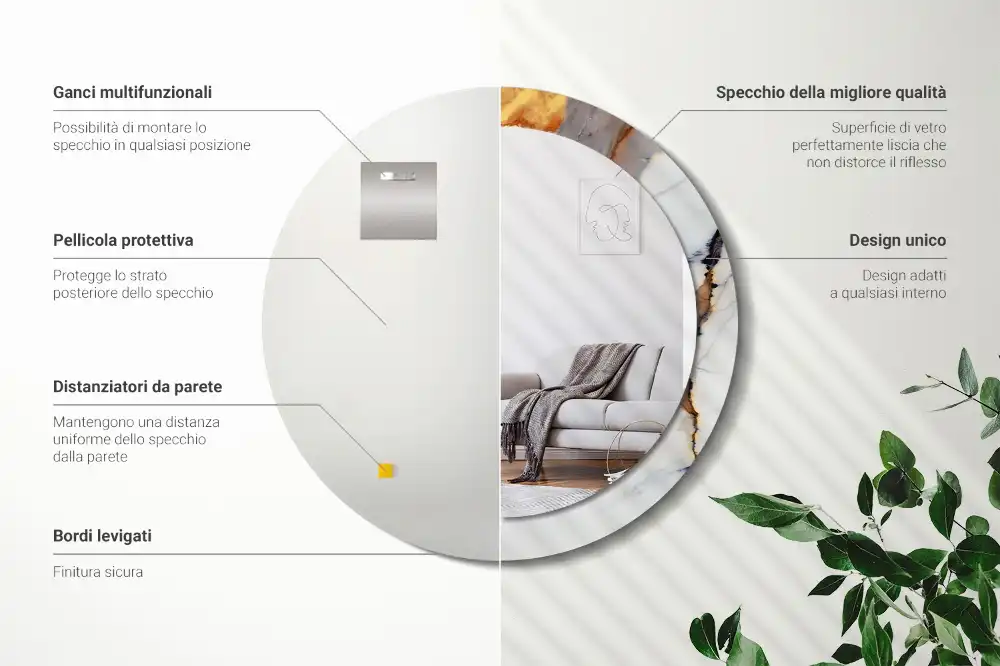 Okrúhle zrkadlo rám s potlačou Biely mramor