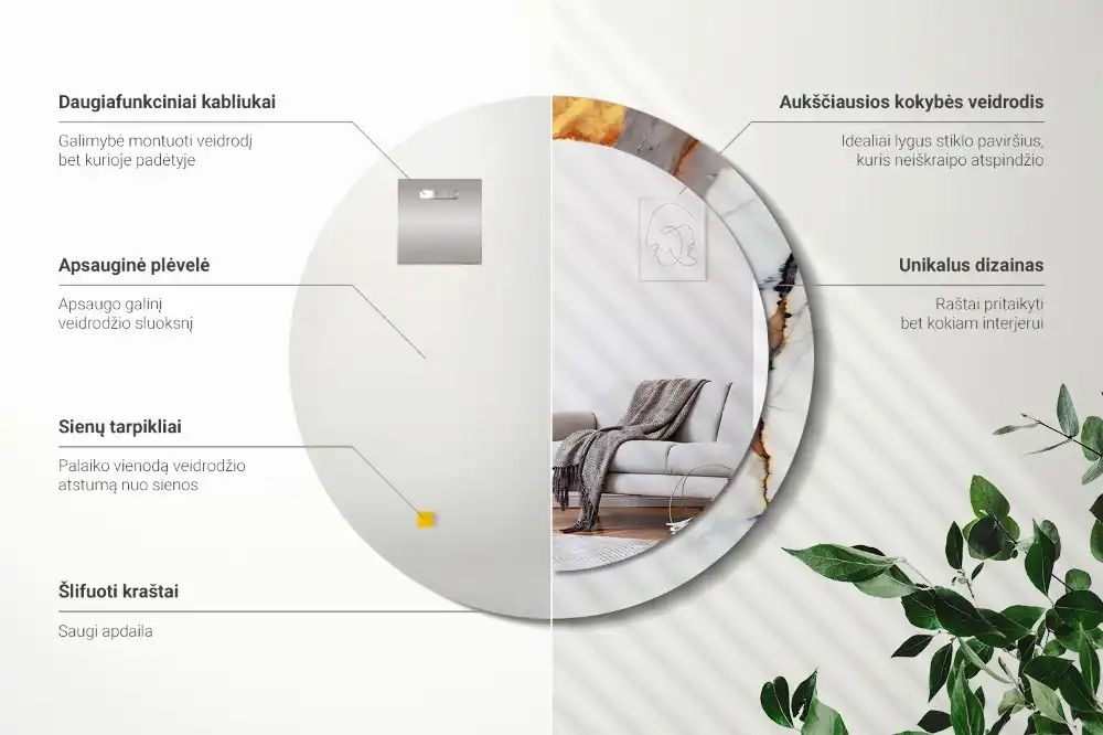 Okrúhle zrkadlo rám s potlačou Biely mramor