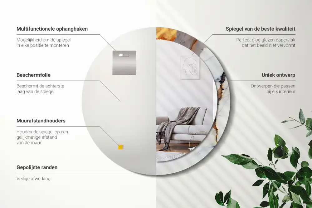 Okrúhle zrkadlo rám s potlačou Biely mramor