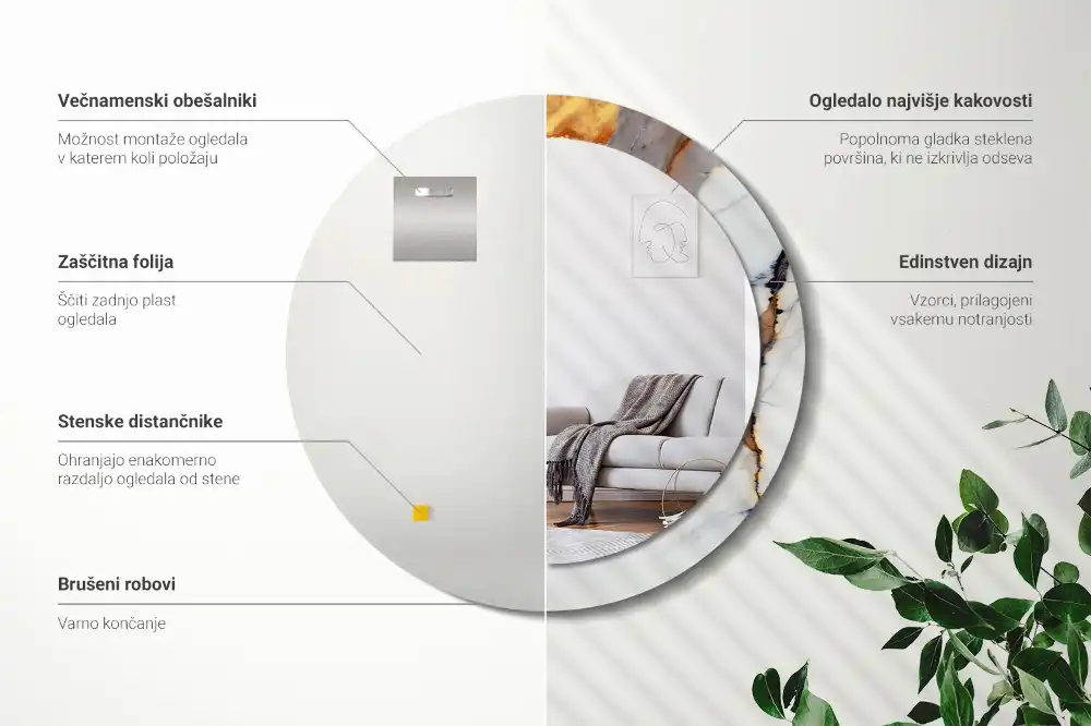 Okrúhle zrkadlo rám s potlačou Biely mramor