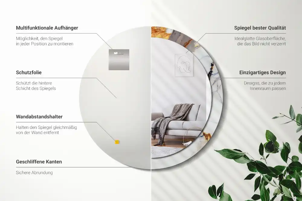 Okrúhle zrkadlo rám s potlačou Biely mramor