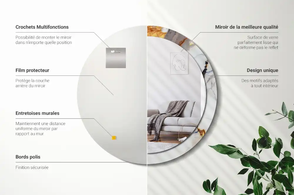 Okrúhle zrkadlo rám s potlačou Biely mramor