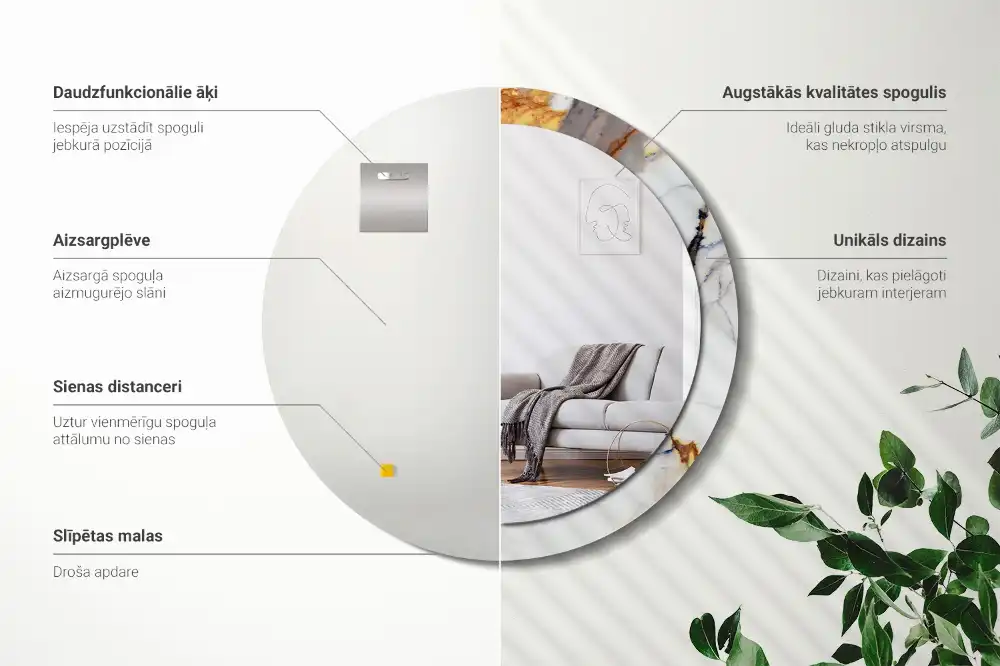 Okrúhle zrkadlo rám s potlačou Biely mramor