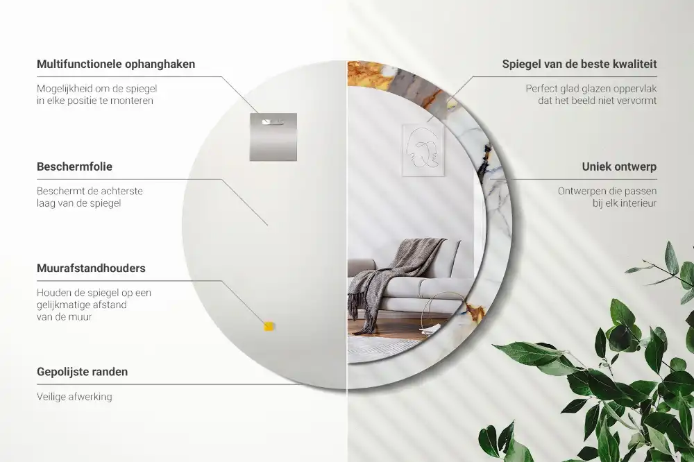 Okrúhle zrkadlo rám s potlačou Biely mramor