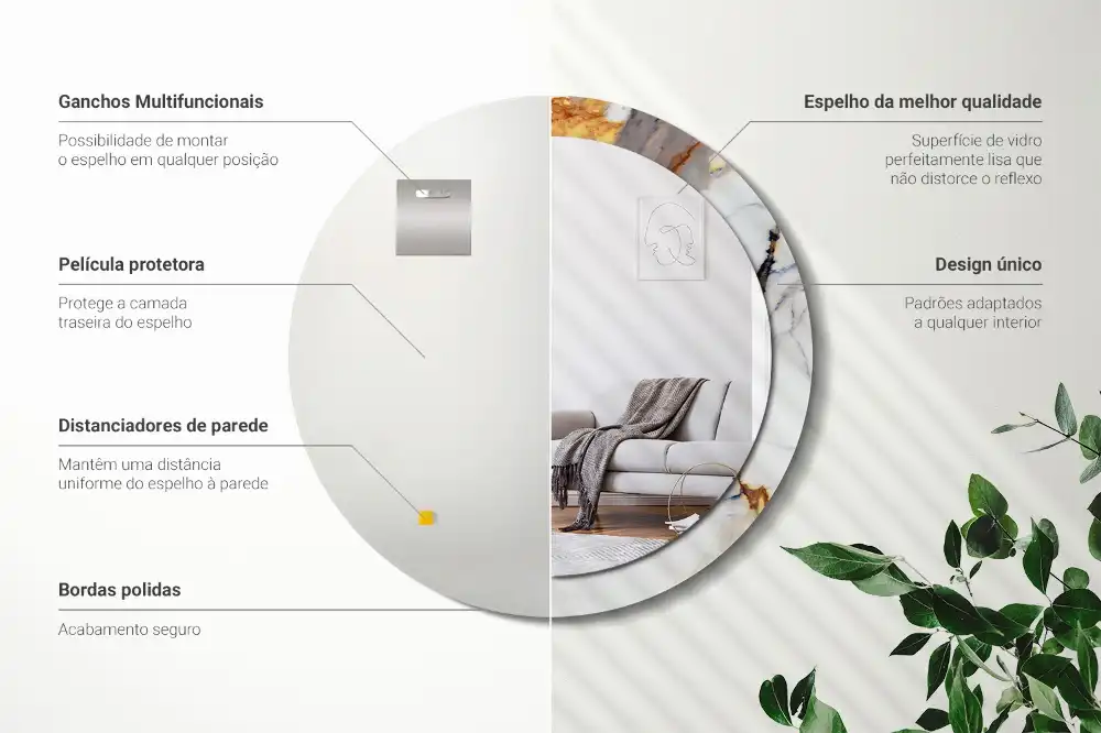 Okrúhle zrkadlo rám s potlačou Biely mramor