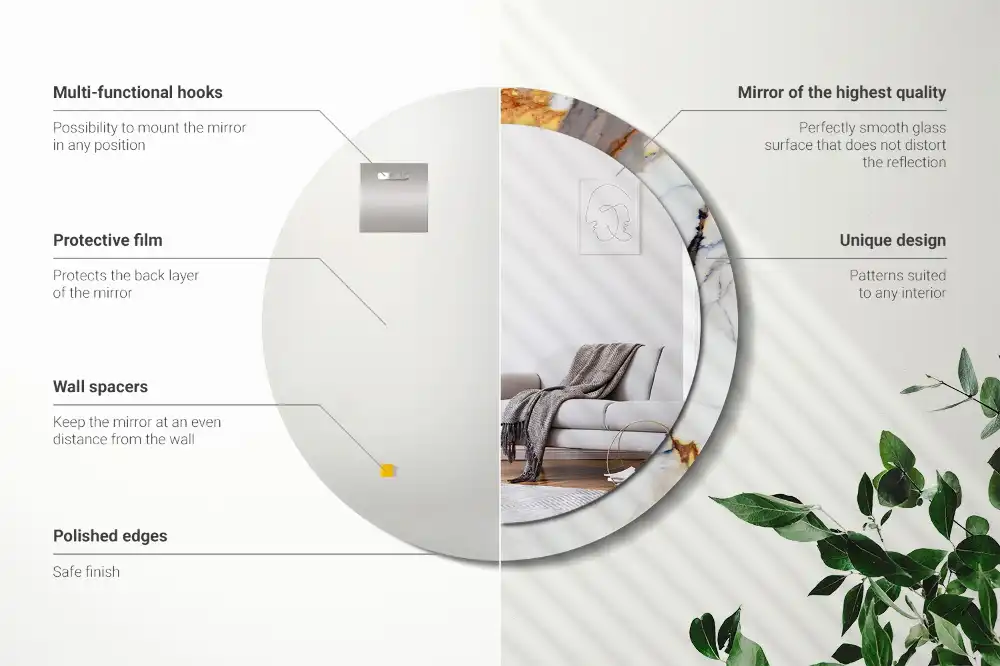 Okrúhle zrkadlo rám s potlačou Biely mramor