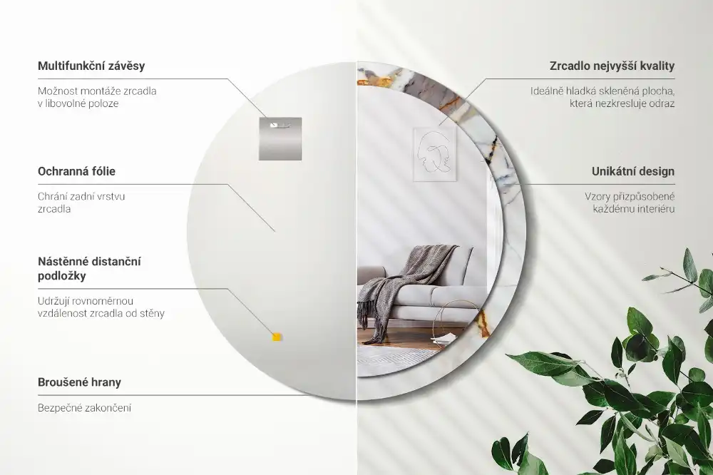 Okrúhle zrkadlo rám s potlačou Biely mramor