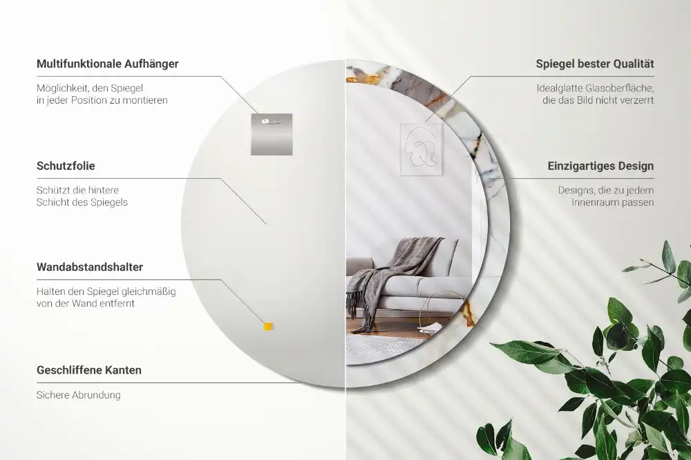 Okrúhle zrkadlo rám s potlačou Biely mramor