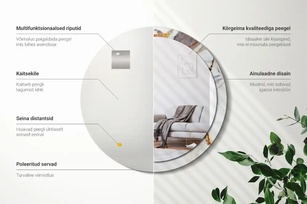 Okrúhle zrkadlo rám s potlačou Biely mramor