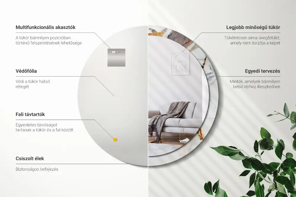 Okrúhle zrkadlo rám s potlačou Biely mramor