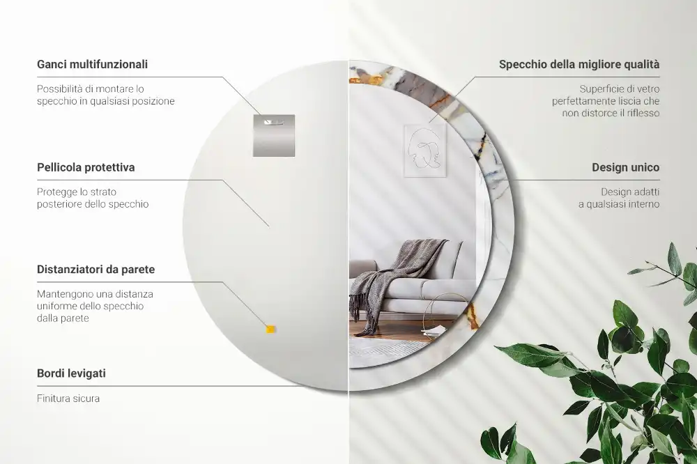 Okrúhle zrkadlo rám s potlačou Biely mramor