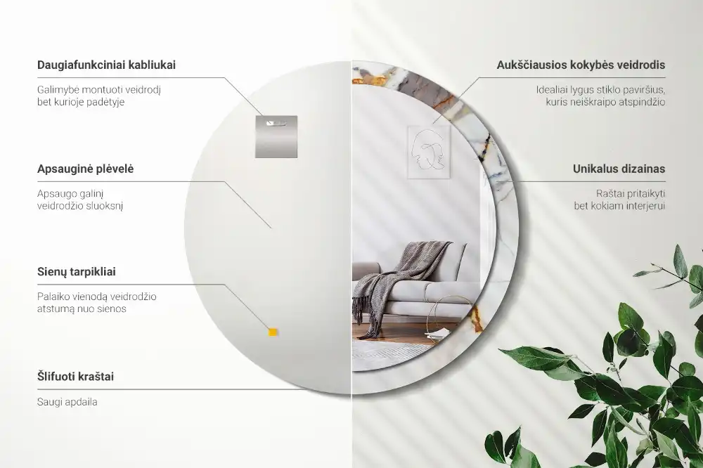 Okrúhle zrkadlo rám s potlačou Biely mramor