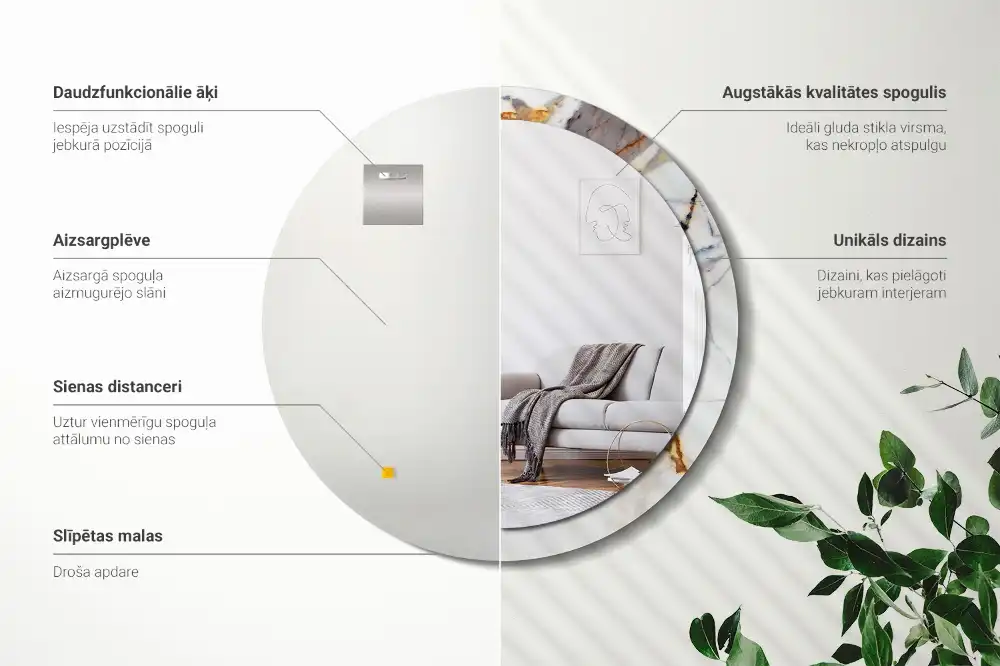 Okrúhle zrkadlo rám s potlačou Biely mramor