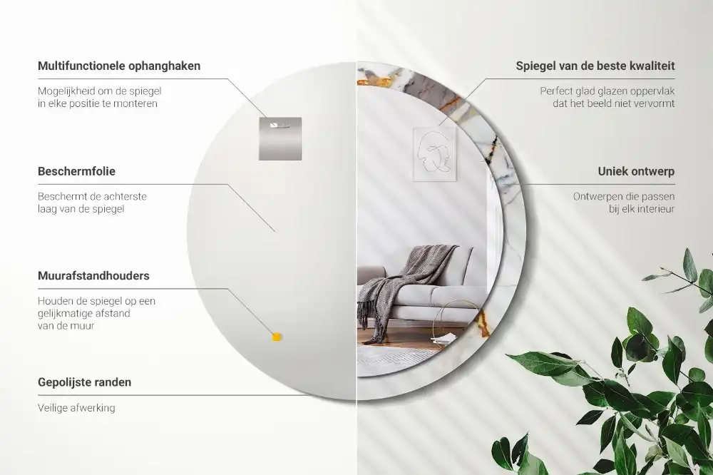 Okrúhle zrkadlo rám s potlačou Biely mramor