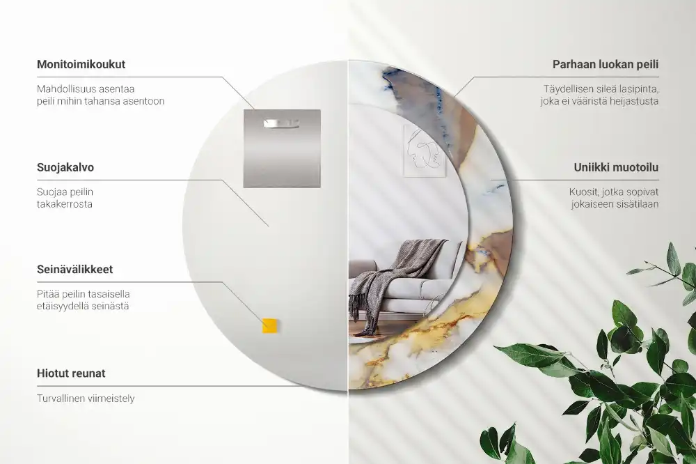 Okrúhle zrkadlo rám s potlačou Biely mramor