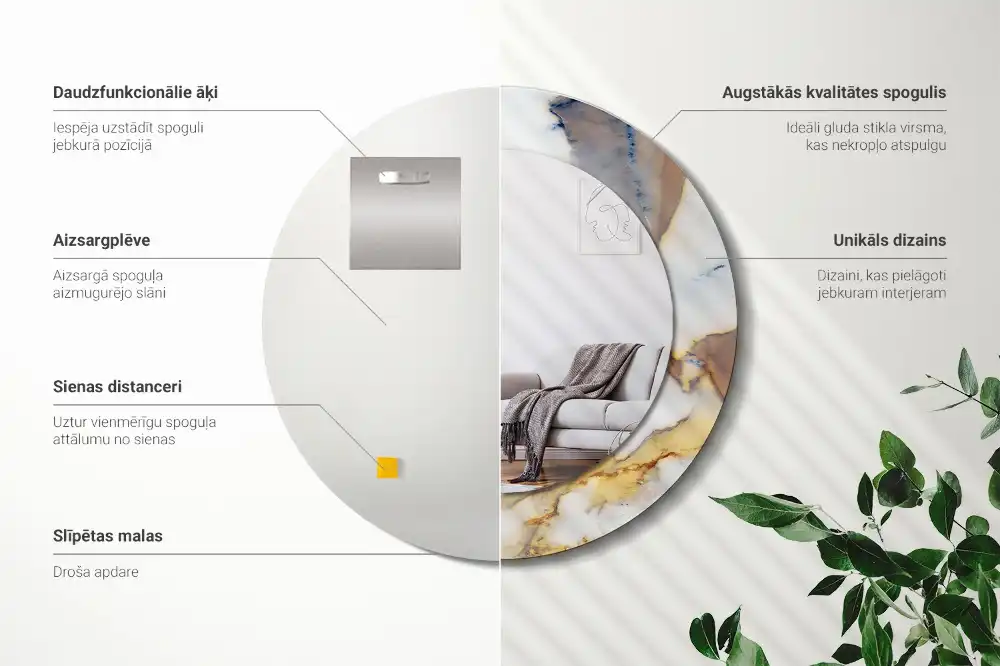 Okrúhle zrkadlo rám s potlačou Biely mramor