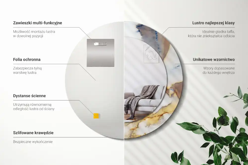 Okrúhle zrkadlo rám s potlačou Biely mramor