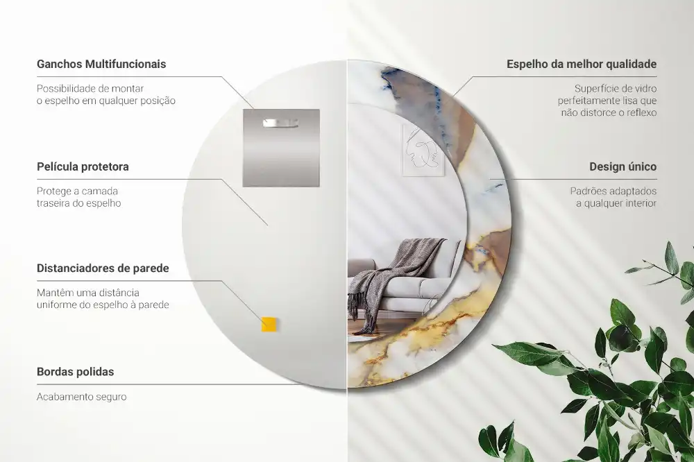 Okrúhle zrkadlo rám s potlačou Biely mramor