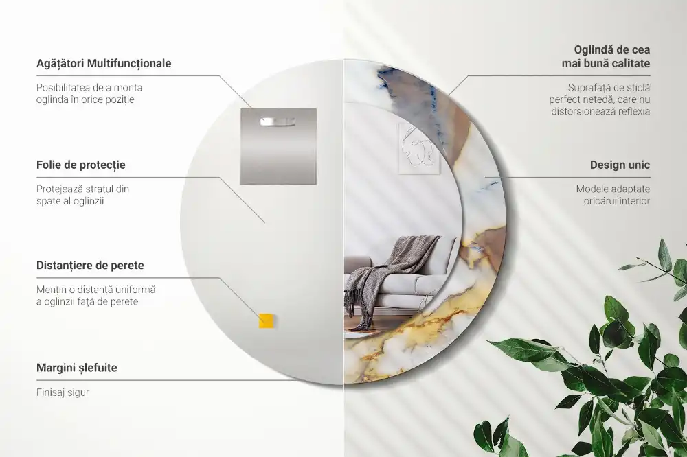 Okrúhle zrkadlo rám s potlačou Biely mramor