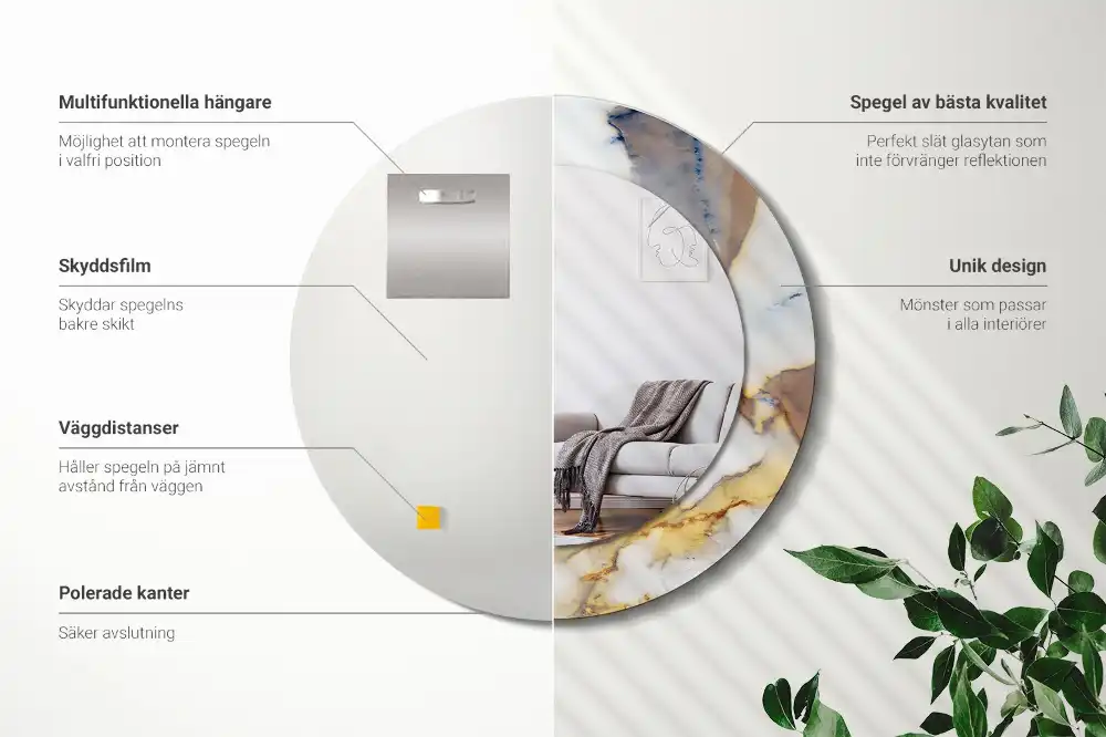 Okrúhle zrkadlo rám s potlačou Biely mramor