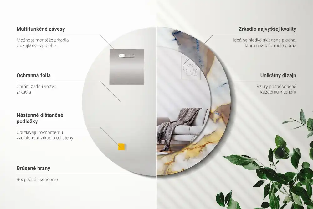 Okrúhle zrkadlo rám s potlačou Biely mramor