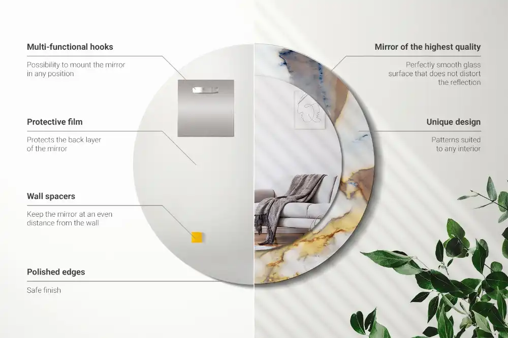 Okrúhle zrkadlo rám s potlačou Biely mramor