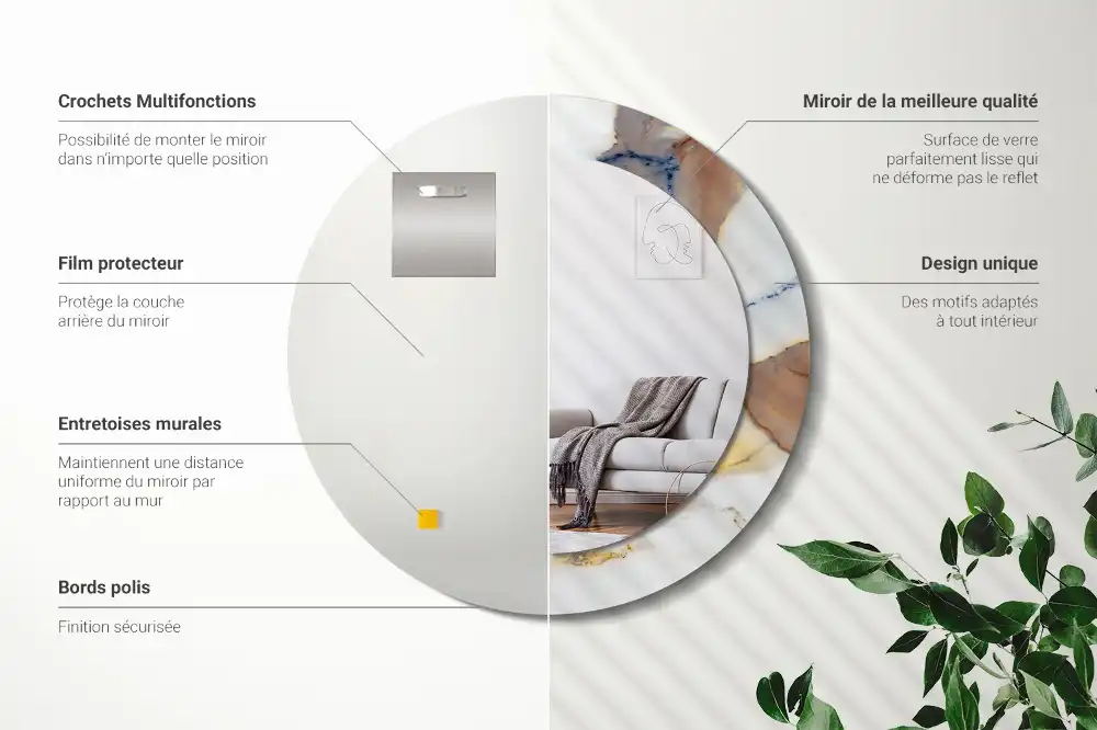 Okrúhle zrkadlo rám s potlačou Biely mramor