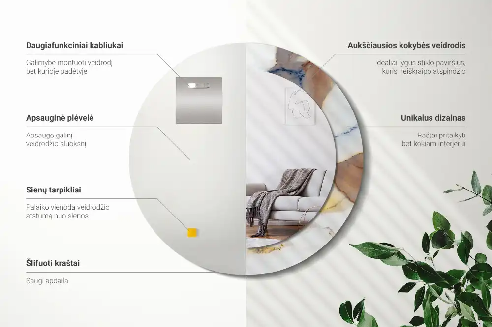 Okrúhle zrkadlo rám s potlačou Biely mramor