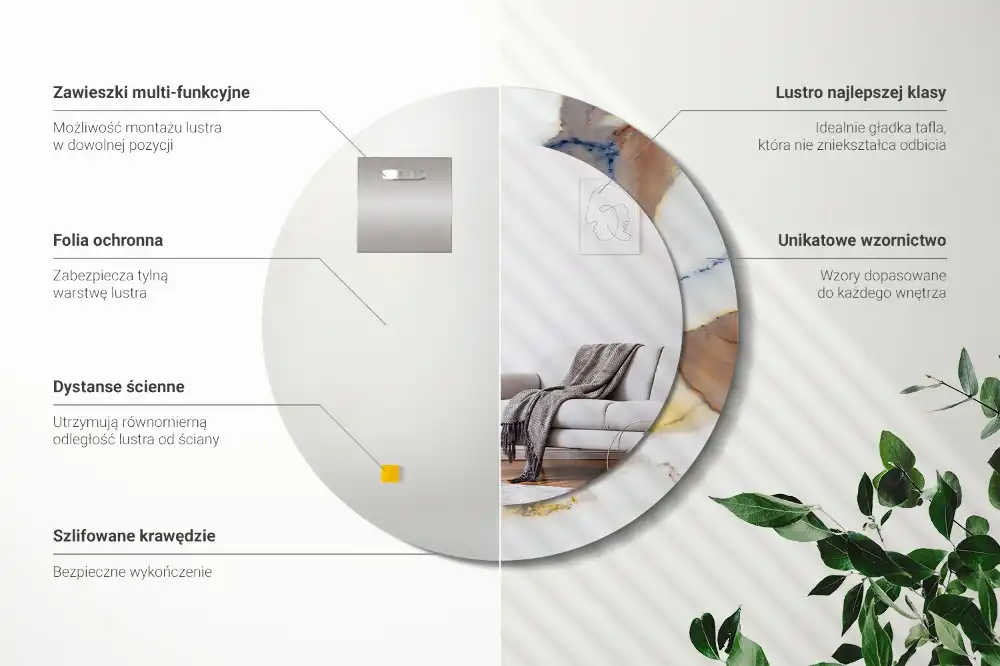 Okrúhle zrkadlo rám s potlačou Biely mramor