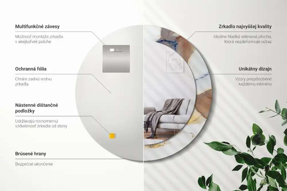 Okrúhle zrkadlo rám s potlačou Biely mramor