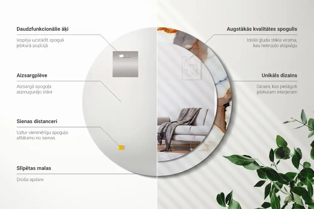 Okrúhle zrkadlo rám s potlačou Biely mramor