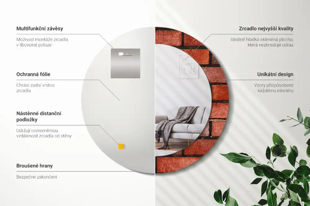 Okrúhle zrkadlo s potlačeným rámom Červená tehla