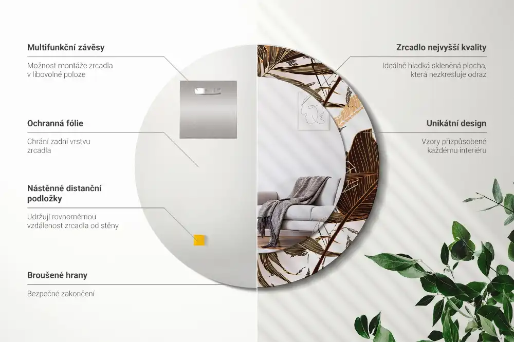 Okrúhle dekoračné zrkadlo na stenu Palmové listy