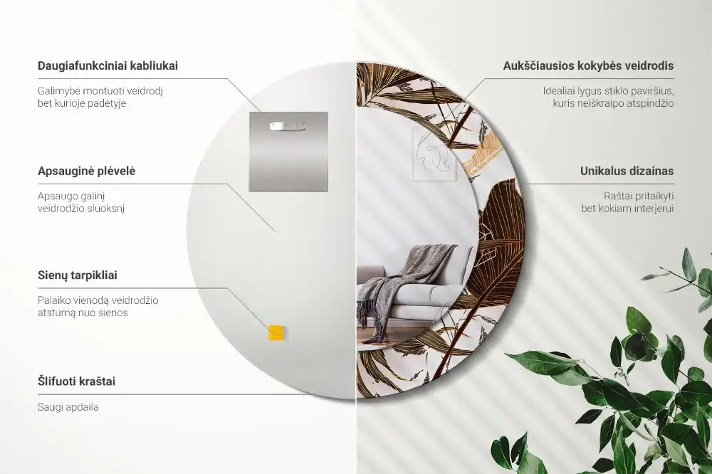 Okrúhle dekoračné zrkadlo na stenu Palmové listy