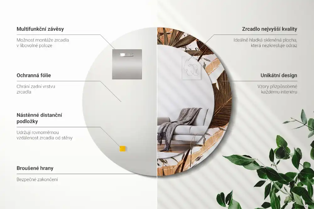 Okrúhle dekoračné zrkadlo na stenu Palmové listy