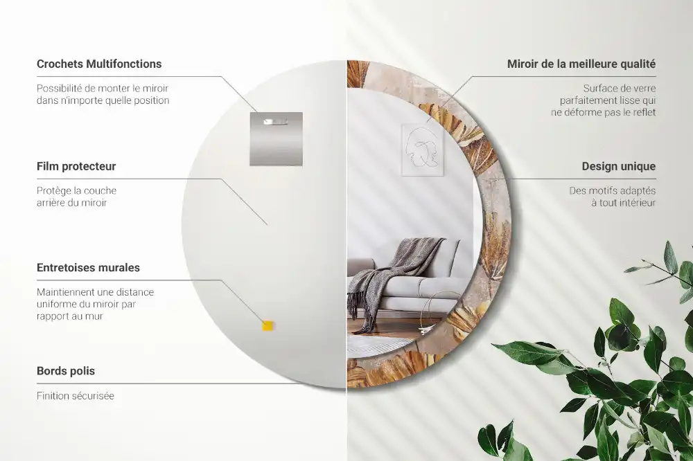 Okrúhle zrkadlo s potlačeným rámom Boho listy