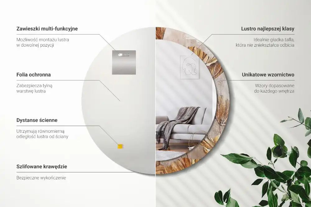 Okrúhle zrkadlo s potlačeným rámom Boho listy