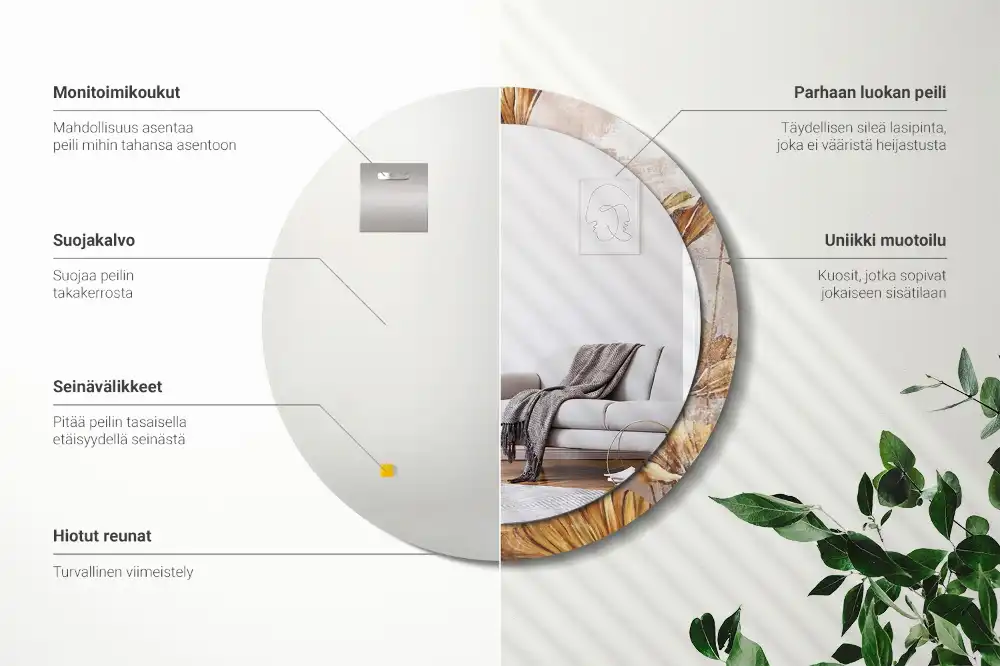 Okrúhle zrkadlo s potlačeným rámom Boho listy