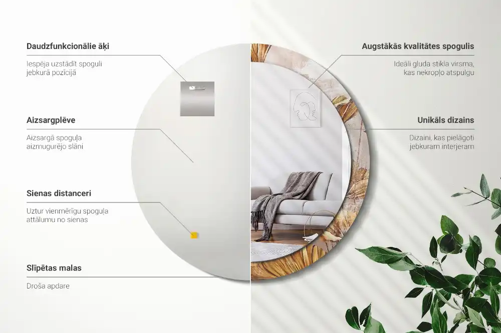 Okrúhle zrkadlo s potlačeným rámom Boho listy