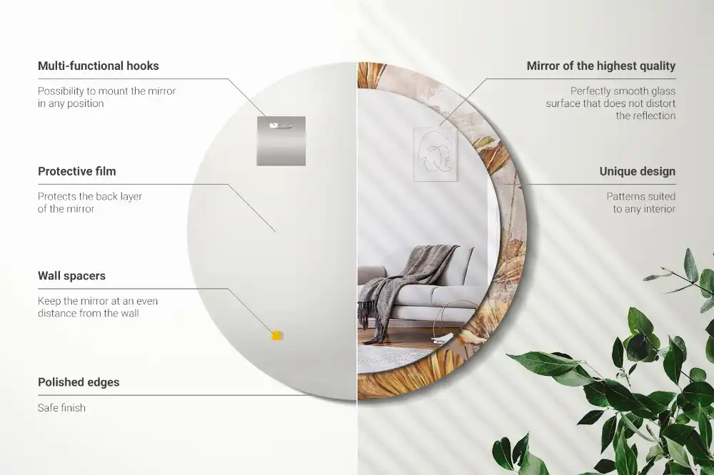 Okrúhle zrkadlo s potlačeným rámom Boho listy