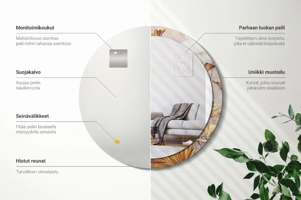 Okrúhle zrkadlo s potlačeným rámom Boho listy