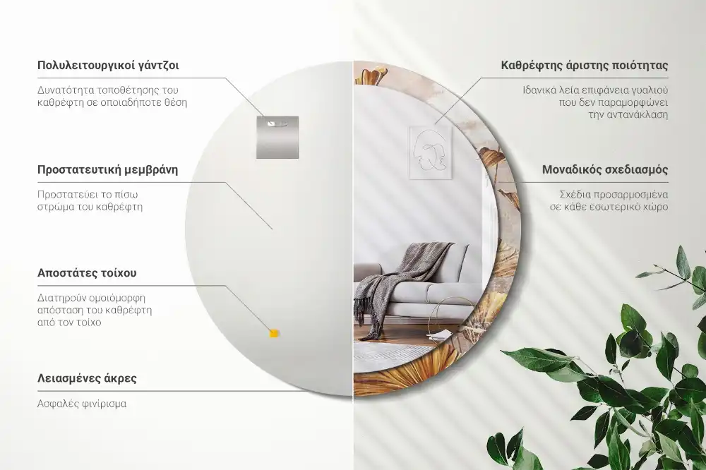 Okrúhle zrkadlo s potlačeným rámom Boho listy