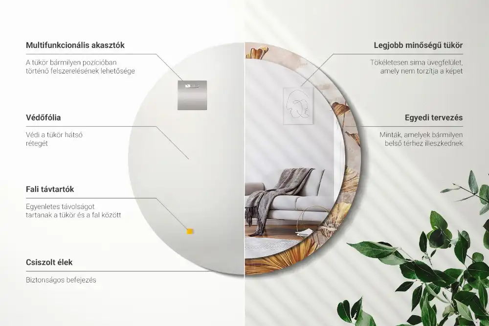 Okrúhle zrkadlo s potlačeným rámom Boho listy