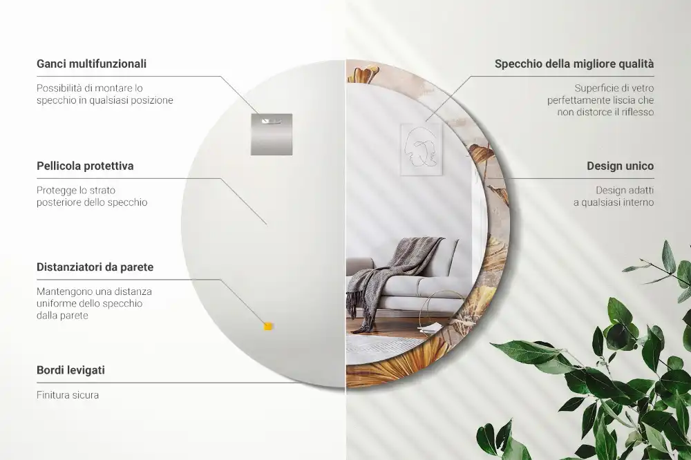 Okrúhle zrkadlo s potlačeným rámom Boho listy