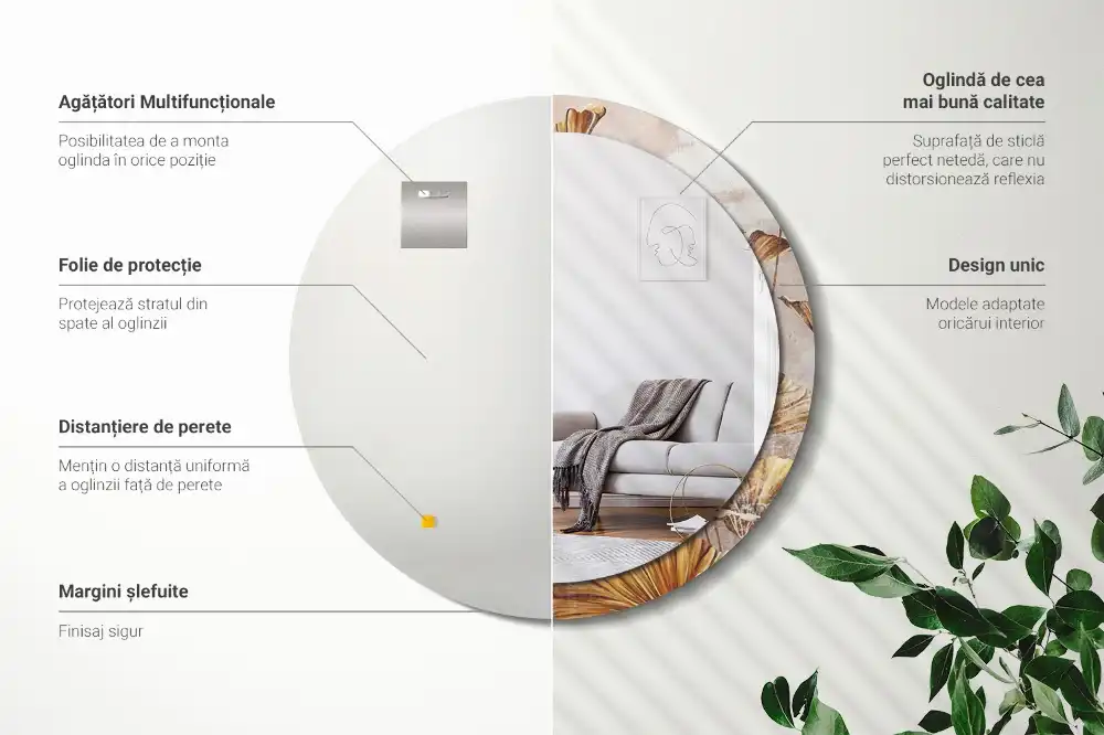 Okrúhle zrkadlo s potlačeným rámom Boho listy