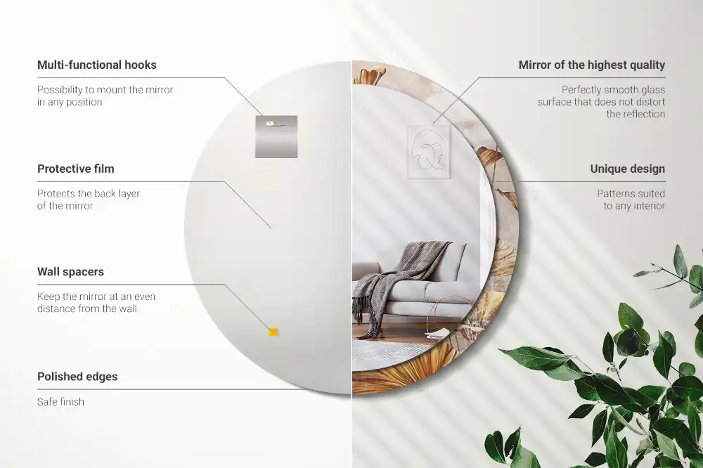 Okrúhle zrkadlo s potlačeným rámom Boho listy