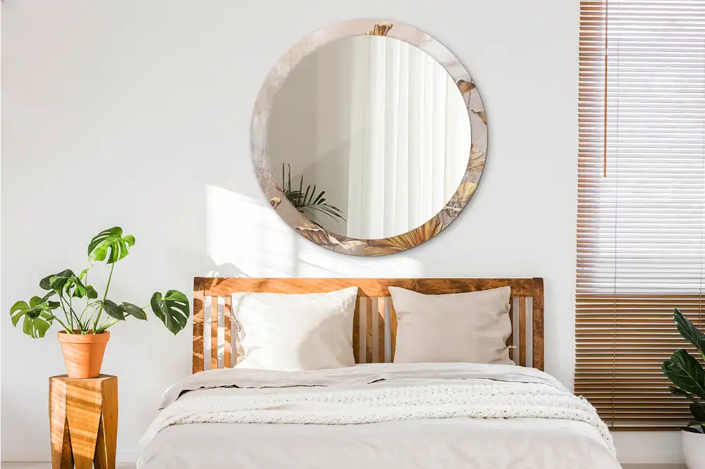 Okrúhle zrkadlo s potlačeným rámom Boho listy